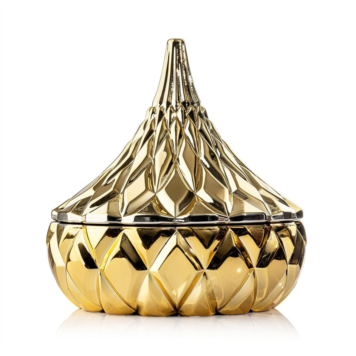 Photo of a metallic gold candy jar in the shape of a Hershey's Kiss