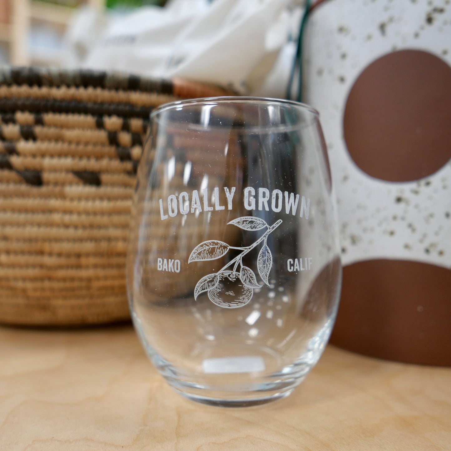 "Locally Grown" Stemless Wine Glass