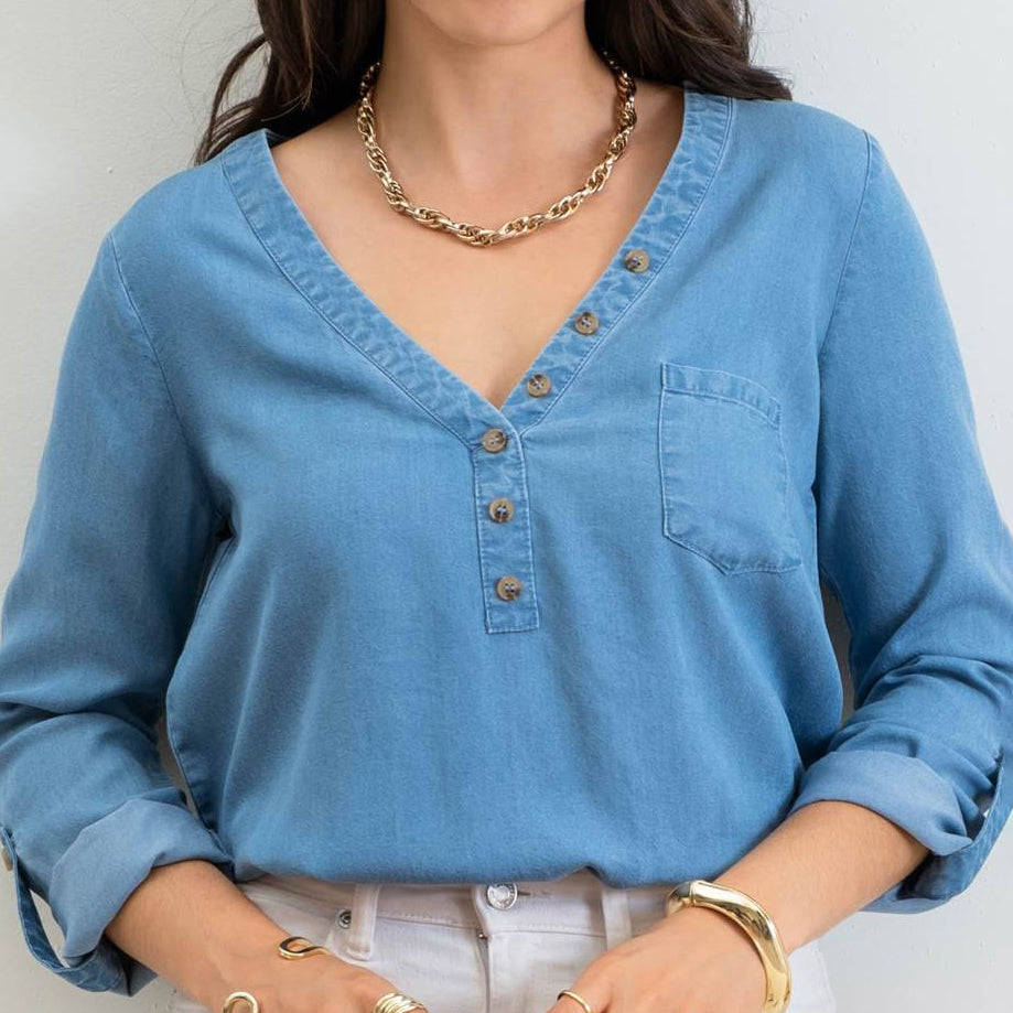 
                  
                    Mari V-Neck Chambray Top
                  
                