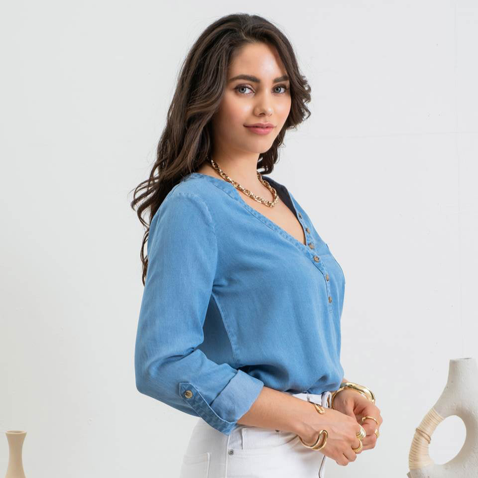
                  
                    Mari V-Neck Chambray Top
                  
                