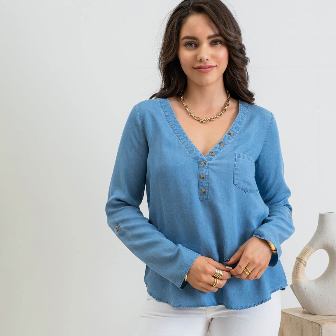 
                  
                    Mari V-Neck Chambray Top
                  
                